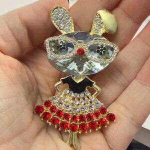 Rabbit Brooch Rhinestone Bunny Dancer Statement Pin Red Crystal Skirt 2.75”